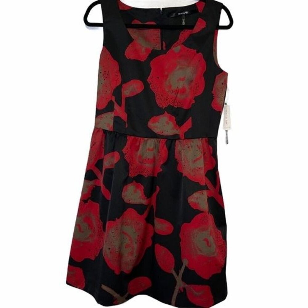 NEW! Mac & Jac Red Black Floral Sleeveless Swing Dress Women's Size Large